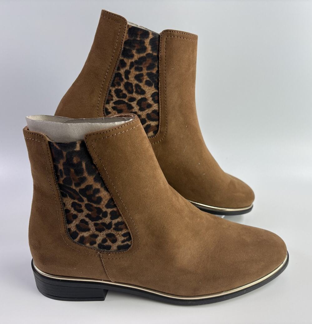 Italian Shoemakers Niamh Cognac Suede Women's Ankle Booties Leopard Print S 8M